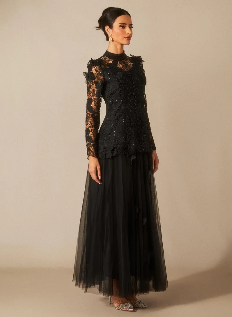 سنفير فستان ماكسي دانتيل مطرز بفراشة إليزابيث